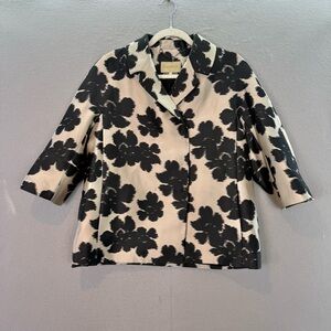 PORTS - women’s black floral print 3/4 sleeve blazer satin beige A-line Jacket 6
